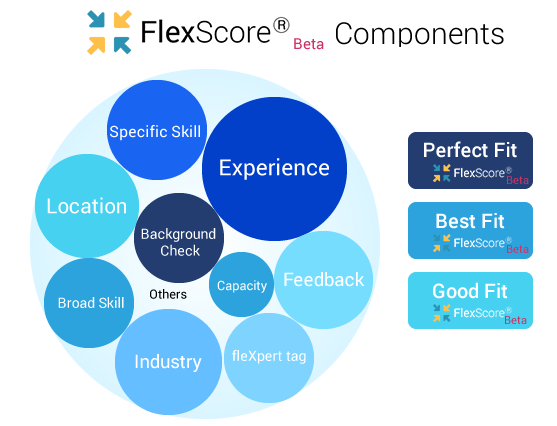 FlexScore<sup>®</sup>: A heuristic that identifies the degree of ‘match’ for an assignment based on parameters such as sub-skills specified, similar positions held, experience, industry and location and divides the applications based on the underlying score into Perfect Fit<sup>®</sup>, Best Fit<sup>®</sup> and Good Fit<sup>®</sup>.